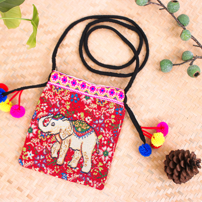 Cotton blend sling bag, 'Elephant Style' - Cotton Blend Elephant & Floral Themed Sling Bag with Pompoms