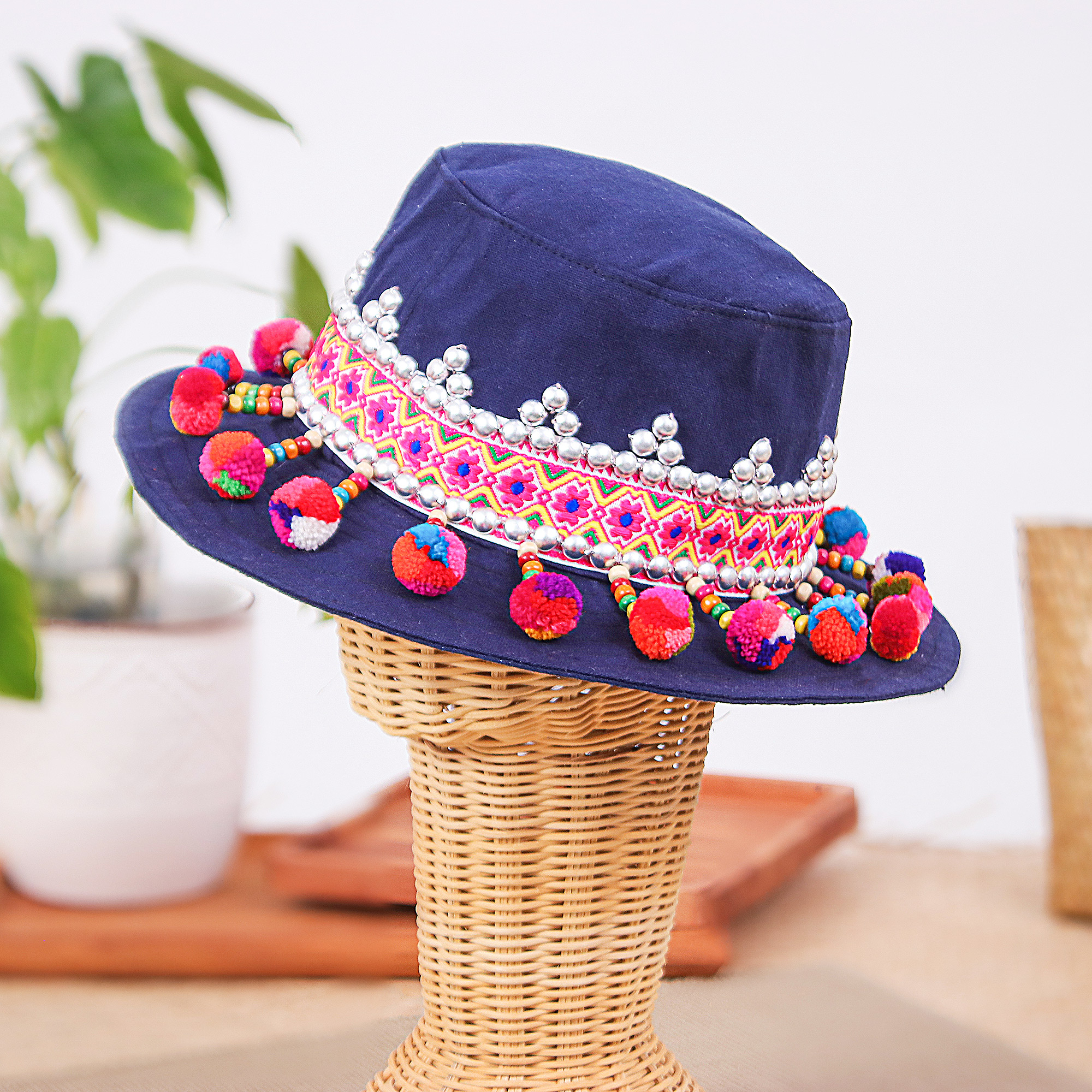 Hill Tribe-Themed Floral Embellished Navy Cotton Hat - Blue Hills