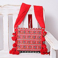 Beaded cotton sling, 'Red Customs' - Traditional Floral Patterned Red Beaded Cotton Sling