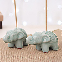Celadon ceramic incense holders, 'Giant's Green Aura' (pair) - Set of 2 Green Elephant Celadon Ceramic Incense Holders
