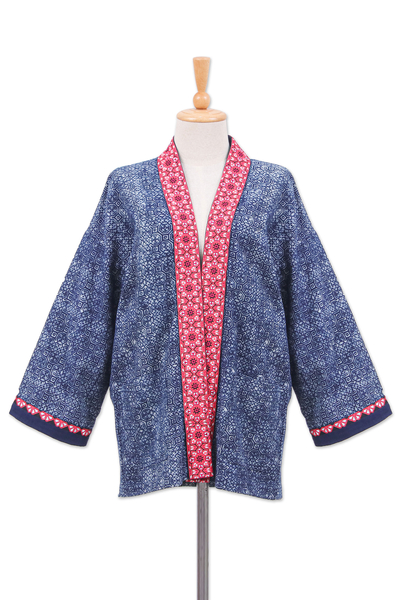 Cotton kimono jacket, 'Hill Flowers' - Floral Traditional Batik-Patterned Cotton Kimono Jacket