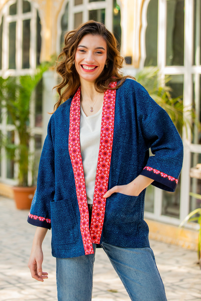 Cotton kimono jacket, 'Hill Flowers' - Floral Traditional Batik-Patterned Cotton Kimono Jacket