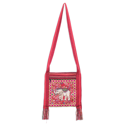 Traditional sling, 'Elephant's Majesty' - Classic Elephant-Themed Floral Red Sling made in Thailand