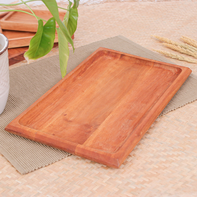 Wood tray, 'Moments of Delight' - Hand-Carved Rectangle Longan Wood Tray in a Natural Brown