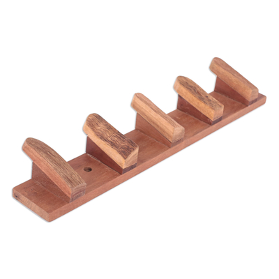 Wood coat rack, 'Homey Hands' - Hand-Carved Polished Longan Wood Coat Rack from Thailand