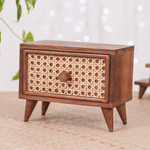Wood and natural fiber jewelry box, 'Timeless Detail' - Teak Wood and Natural Fiber One-Drawer Jewelry Box