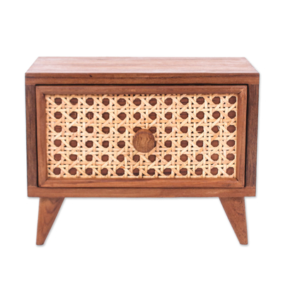 Wood and natural fiber jewelry box, 'Timeless Detail' - Teak Wood and Natural Fiber One-Drawer Jewelry Box
