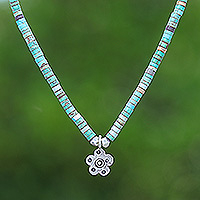Silver pendant necklace, 'Arcadia Flower' - Floral Reconstitued Turquoise Silver Pendant Necklace