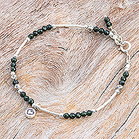 Beaded silver charm bracelet, 'Sylvan Heart'