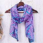 Tie-Dyed Iris and Teal Silk Scarf Handcrafted in Thailand, 'Iris Emotions'