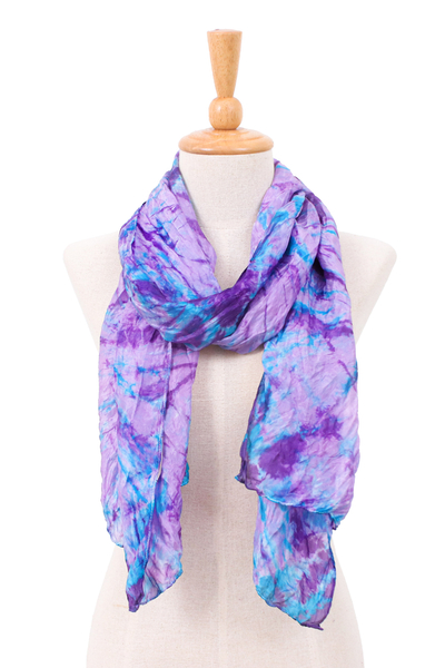 Tie-dyed silk scarf, 'Iris Emotions' - Tie-Dyed Iris and Teal Silk Scarf Handcrafted in Thailand