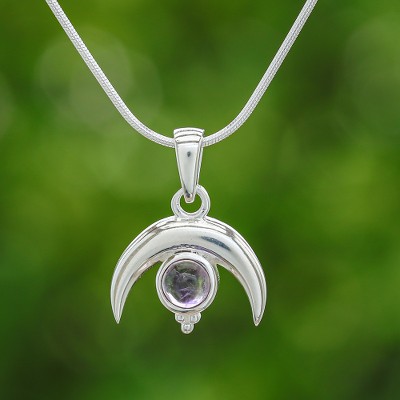 Amethyst pendant necklace, 'Moon on The Garden' - Moon-Shaped Natural Amethyst Pendant Necklace