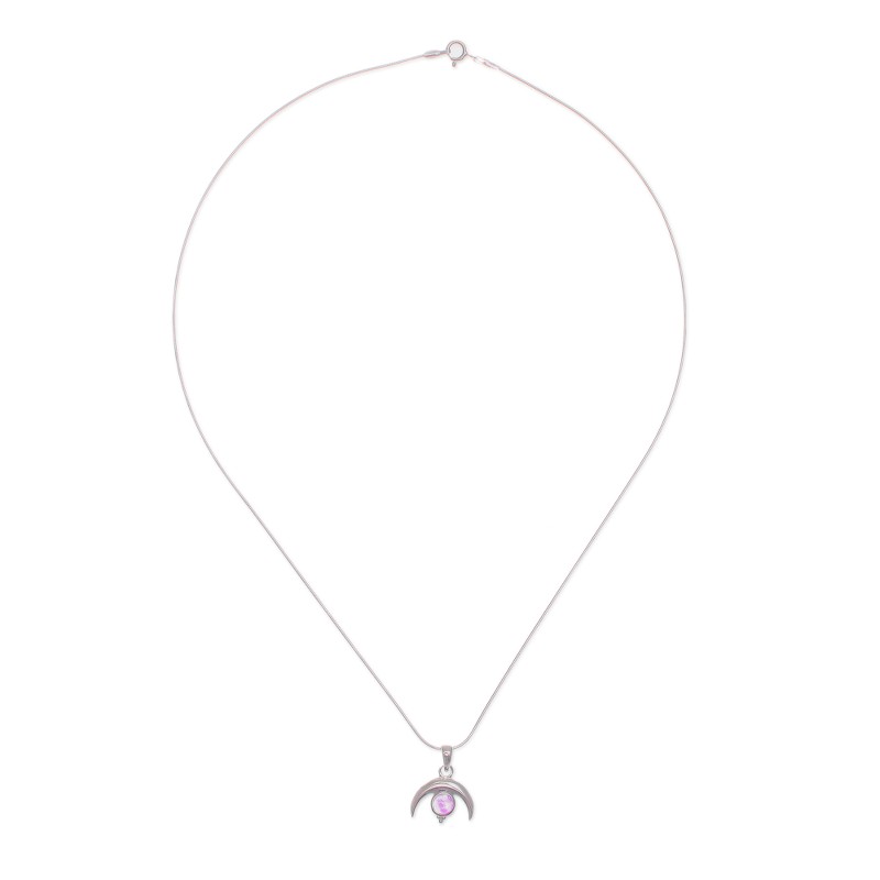 Moon-Shaped Natural Amethyst Pendant Necklace - Moon on The Garden | NOVICA