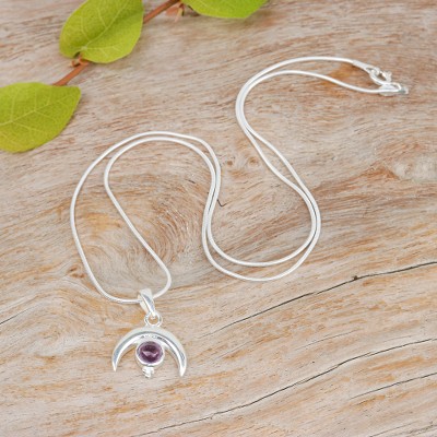 Amethyst pendant necklace, 'Moon on The Garden' - Moon-Shaped Natural Amethyst Pendant Necklace