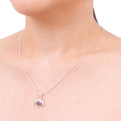 Amethyst pendant necklace, 'Moon on The Garden' - Moon-Shaped Natural Amethyst Pendant Necklace