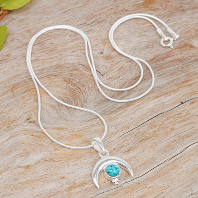 Sterling silver pendant necklace, 'Moon on The Lagoon' - Moon-Shaped Reconstituted Turquoise Pendant Necklace