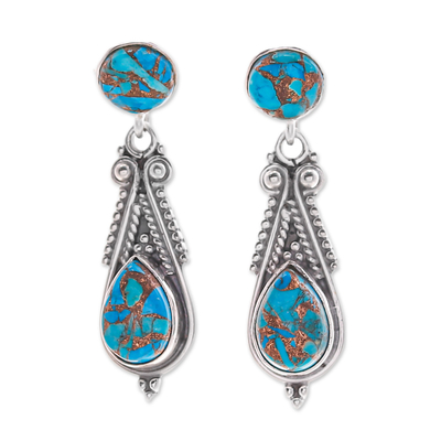 Sterling silver dangle earrings, 'Morning Lagoon' - Classic Polished Reconstituted Turquoise Dangle Earrings