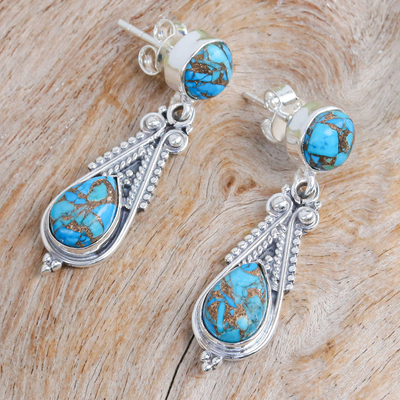 Sterling silver dangle earrings, 'Morning Lagoon' - Classic Polished Reconstituted Turquoise Dangle Earrings