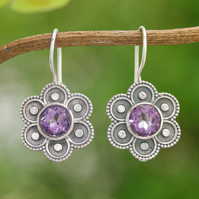 Amethyst drop earrings, 'Wise Bloom' - Polished Flower-Shaped Amethyst Drop Earrings