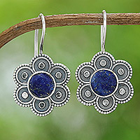 Lapis lazuli drop earrings, 'Intellect Bloom' - Polished Flower-Shaped Lapis Lazuli Drop Earrings