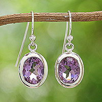Amethyst dangle earrings, 'Purple Focus' - Polished Three-Carat Oval Amethyst Dangle Earrings