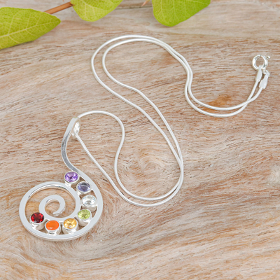 Multi-gemstone pendant necklace, 'Seven Chakra Spiral' - Chakra-Inspired Faceted Multi-Gemstone Pendant Necklace