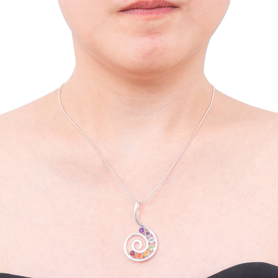 Multi-gemstone pendant necklace, 'Seven Chakra Spiral' - Chakra-Inspired Faceted Multi-Gemstone Pendant Necklace