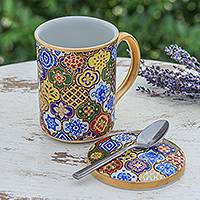 Benjarong porcelain lidded mug, 'Thai Dream' - Gilded Blue Benjarong Porcelain Lidded Mug from Thailand