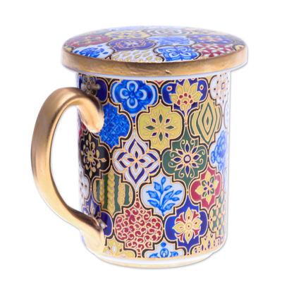 Taza con tapa de porcelana Benjarong - Taza con tapa de porcelana Benjarong azul dorada de Tailandia