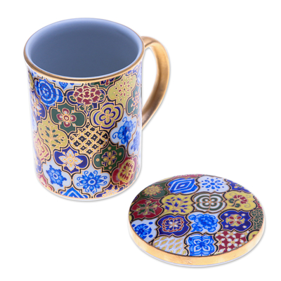 Taza con tapa de porcelana Benjarong - Taza con tapa de porcelana Benjarong azul dorada de Tailandia