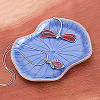 Celadon ceramic catchall, 'Delightful Dragonfly' - Blue Celadon Ceramic Catchall with Red Dragonfly Accent