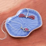 Celadon ceramic catchall, 'Delightful Dragonfly' - Blue Celadon Ceramic Catchall with Red Dragonfly Accent