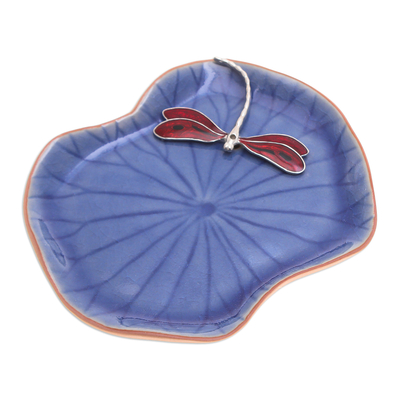 Celadon ceramic catchall, 'Delightful Dragonfly' - Blue Celadon Ceramic Catchall with Red Dragonfly Accent