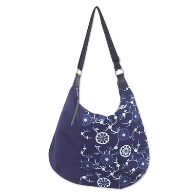 Leather-accented cotton shoulder bag, 'Blossoming Navy' - Floral Leather-Accented Adjustable Navy Cotton Shoulder Bag