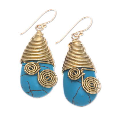 Magnesite and brass dangle earrings, 'Peaceful Swirls' - Polished Brass Dangle Earrings with Light Blue Magnesite