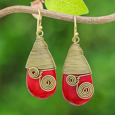 Magnesite and brass dangle earrings, 'Passionate Swirls' - Polished Brass Dangle Earrings with Red Magnesite Jewels
