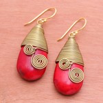 Magnesite and brass dangle earrings, 'Passionate Swirls' - Polished Brass Dangle Earrings with Red Magnesite Jewels