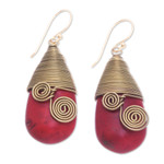 Magnesite and brass dangle earrings, 'Passionate Swirls' - Polished Brass Dangle Earrings with Red Magnesite Jewels