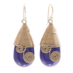 Magnesite and brass dangle earrings, 'Intuitive Swirls' - Polished Brass Dangle Earrings with Blue Magnesite Jewels