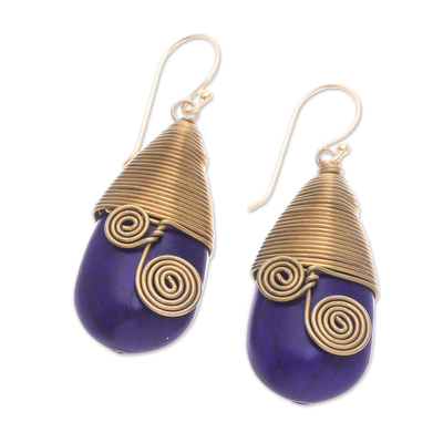Magnesite and brass dangle earrings, 'Intuitive Swirls' - Polished Brass Dangle Earrings with Blue Magnesite Jewels