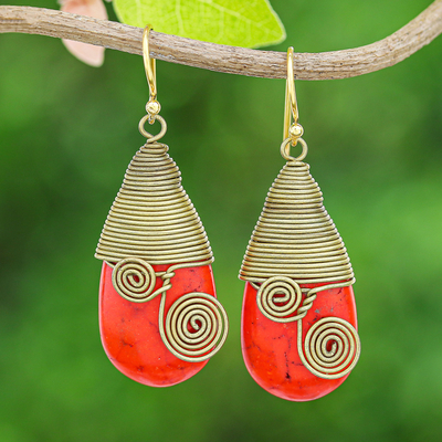 Magnesite and brass dangle earrings, 'Joyous Swirls' - Polished Brass Dangle Earrings with Orange Magnesite Jewels