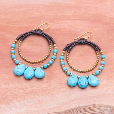 Magnesite and brass beaded dangle earrings, 'The Blue Tiara' - Brass and Light Blue Magnesite Beaded Dangle Earrings