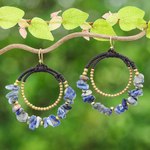 Sodalite beaded dangle earrings, 'True Goddess' - Polished Brass and Sodalite Beaded Dangle Earrings