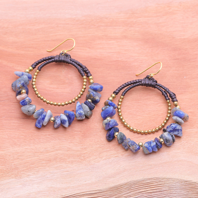 Sodalite beaded dangle earrings, 'True Goddess' - Polished Brass and Sodalite Beaded Dangle Earrings