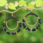 Magnesite beaded dangle earrings, 'Shadow Goddess' - Polished Brass and Black Magnesite Beaded Dangle Earrings