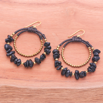 Magnesite beaded dangle earrings, 'Shadow Goddess' - Polished Brass and Black Magnesite Beaded Dangle Earrings