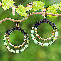 Magnesite beaded dangle earrings, 'Green Glam' - Green Magnesite & Brass Beaded Double Hoop Dangle Earrings