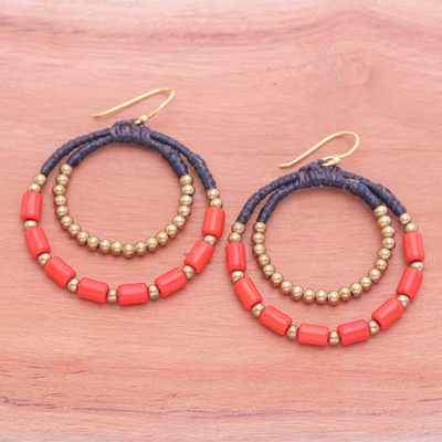Magnesite beaded dangle earrings, 'Tangerine Glam' - Orange Magnesite & Brass Beaded Double Hoop Dangle Earrings