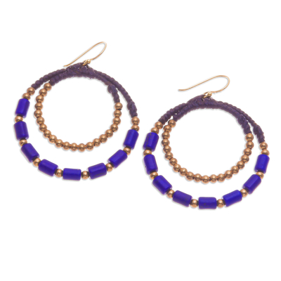 Magnesite beaded dangle earrings, 'Indigo Glam' - Blue Magnesite & Brass Beaded Double Hoop Dangle Earrings