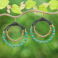 Magnesite beaded dangle earrings, 'Sea Green Glam' - Magnesite and Brass Beaded Double Hoop Dangle Earrings